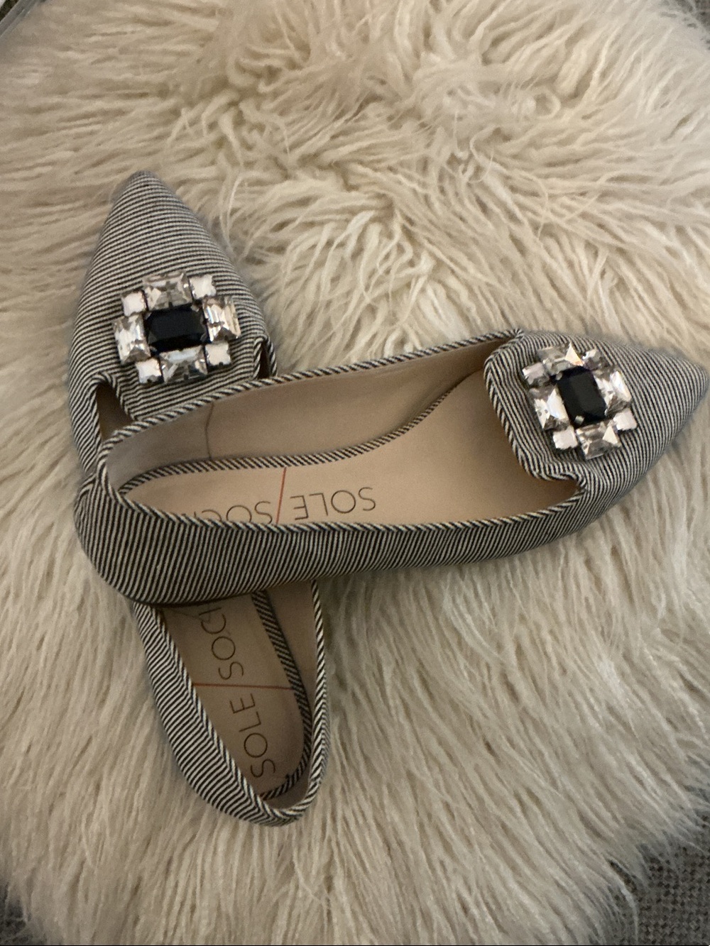 Sole Society Black & White Pinstripe Pointed Toe Flats with Jewel Buckle
